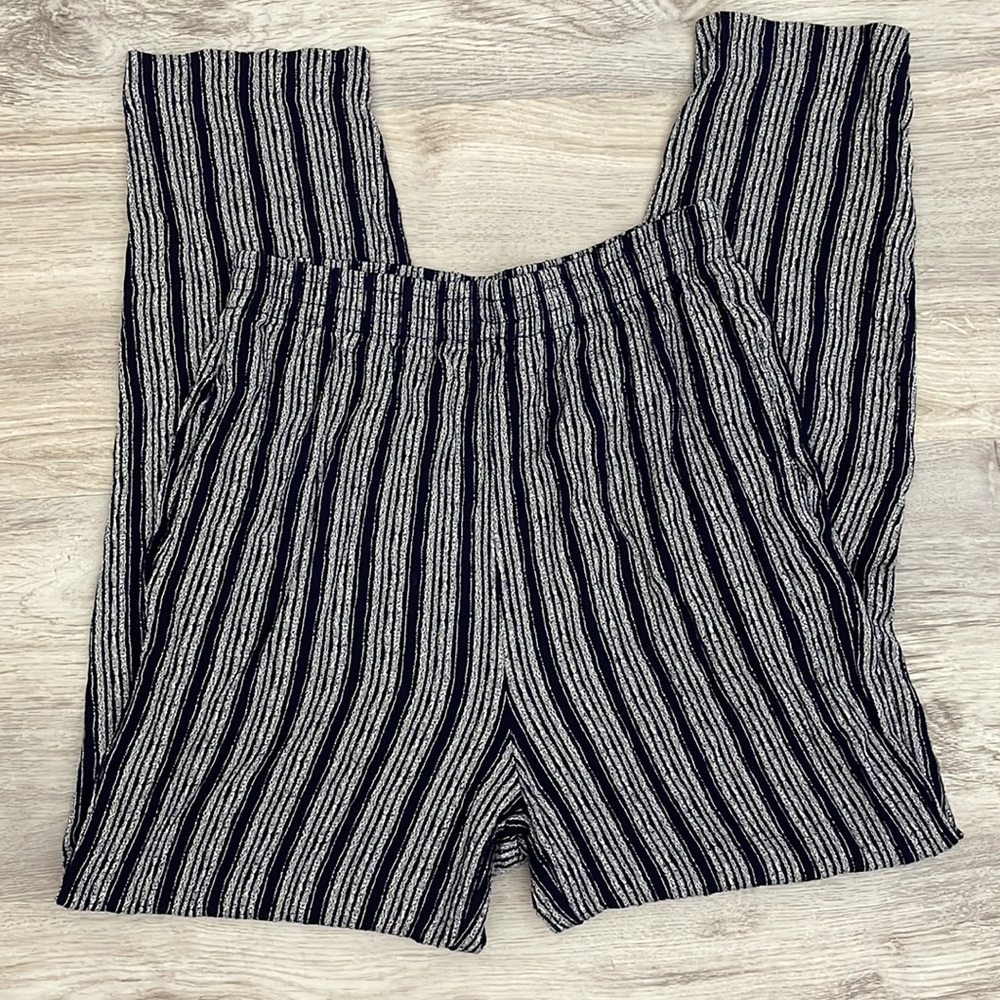 Maren Navy Blue & White Striped Pull On Elastic Waist Straight Leg Pants Small
